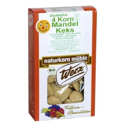 Abbildung von Werz 4 Korn Vollkorn Mandel Keks glutenfrei, 2er Pack (2 x 150 g Packung) Bio