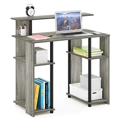 Abbildung von Furinno JAYA Computer/Schreibtisch mit Ablageflächen, Holz, Französische Eiche Grau/Schwarz, 47.75 x 89.66 90.17 cm