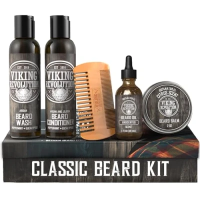 Abbildung von Viking Revolution Bartpflege Set Für Männer Conditioner Glättet &amp; Lindert Juckreiz am Bart Enthält Bartshampoo, Spülung, Bartöl, Balsam Bartkamm Geschenke