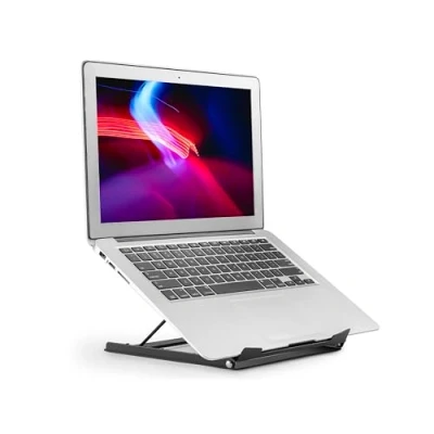 Abbildung von Properav Tragbarer, ergonomischer Laptop Ständer aus Stahl für Windows und Mac Geräte wie Dell, Toshiba, HP, Samsung, MacBook, Lenovo, mit sicheren Sitzpolstern Schwarz