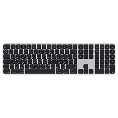 Abbildung von Apple Magic Keyboard mit Touch ID und Ziffernblock: Bluetooth, wiederaufladbar. Kompatibel Mac Computern Chip; Ukrainisch, Schwarze Tasten