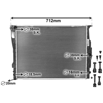 Abbildung von VAN WEZEL *** IR PLUS 06002303 Kühler, Motorkühlung Aluminium 600 460 30 mit Zubehör Adapter Kühlrippen gelötet BMW: 1 Schrägheck, 3 Limousine