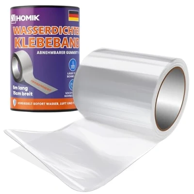 Abbildung von HOMIK Extrem Starkes Transparent Wasserdichtes Klebeband Außen &amp; Innen Dichtungsband Wasserdicht 15cm x 5m UV Beständig Duct Tape Selbstverschweißendes