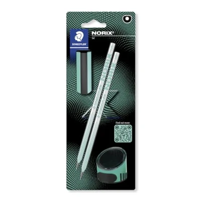 Abbildung von STAEDTLER NORIX 181 Bleistift, Made from Upcycled Wood, einzigartige Form, Blisterkarte french green mit 2 Bleistiften HB, Radierer und Einzelspitzdose, SBK2 3