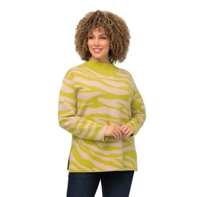 Abbildung von Ulla Popken À COL ET Manches Longues Motif ZÈBRE Strickpullover, Damen, Größe: 50/52, Vert jaune