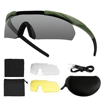 Abbildung von Feyachi Schießbrille mit 3 Austauschbaren Gläsern, Schutzbrille ​Schlagfester Augenschutz, UV 400 Schutz (Armeegrün)