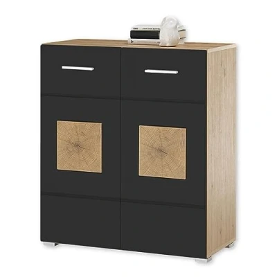 Abbildung von GEORGIA Kommode in Schwarz, Artisan Eiche Optik mit Hirnholz Applikationen Moderne viel Stauraum 80 x 92 38 cm (B/H/T)