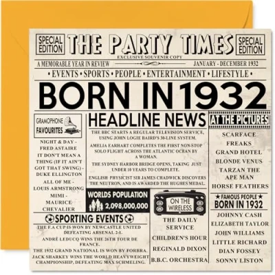 Abbildung von Geburtstagskarte zum 92. Geburtstag für Männer und Frauen, Zeitung &quot;Born in 4,907.3 cm Happy 92 Großvater, Oma, Vintage Retro Stil, zurück 1932, 145 mm x mm,