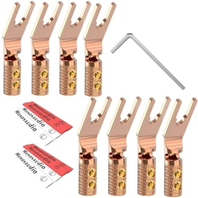 Abbildung von Monosaudio 8Stück gabelschuhe Lautsprechergabel Flachstecker (doppelte Schraubverriegelung Eingang 4,5 mm Sechskantschlüssel Schrumpfschläuche), Y Spatenstecker aus reinem Kupfer