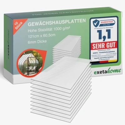 Abbildung von Exeta 10x Gewächshausplatten 6 mm I Polycarbonat Hohlkammerplatten für Gewächshäuser PC Doppelstegplatten UV beständig &amp; bruchsicher Garten, Frühbeet uvm 60,5cm x 121cm Transparent