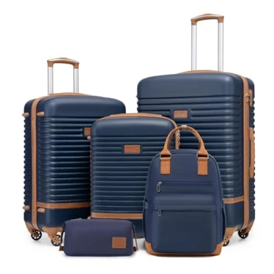 Abbildung von COOLIFE Koffer Trolley Reisekoffer von ABS Hartschalen 4 Rollen TSA Schloss Der Enthält 1 Reiserucksack und Kulturbeutel (Blau/Braun, Set 5tlg)