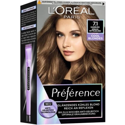 Abbildung von L&#039;Oréal Paris Permanente Haarfarbe mit kühlem Farbergebnis, Haarfärbeset Coloration und Anti Gelbstich Pflegebalsam, Préférence Cool Blondes, Nr. 7.1 Kühles Mittelblond (Hamburg), 1 Stück