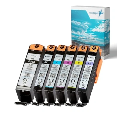 Abbildung von realpaper Bundle 6 Originale Canon Setup Druckerpatronen PGI 580/ CLI 581 mit Photoblau passend für die Drucker Pixma TS8250 TS8350 (a) TS8351 TS9150 [+25 Blatt Fotopapier der Marke