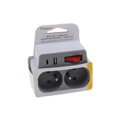 Abbildung von Universal Domino 2x16a mit usba+usbc und schalter weiß/grau 48150