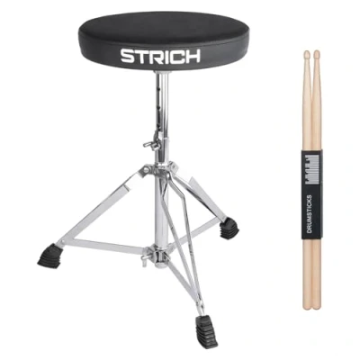 Abbildung von STRICH Drumhocker Set, gepolsterter Sitz, höhenverstellbarer Drum Thron mit 5A Drumsticks für Erwachsene Anfänger Schlagzeuger, SDB 10 Standard