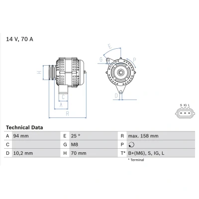 Abbildung von BOSCH 0 986 045 891 Lichtmaschine 14V 70A TOYOTA: Land Cruiser Prado 90, HILUX 5 Pick up