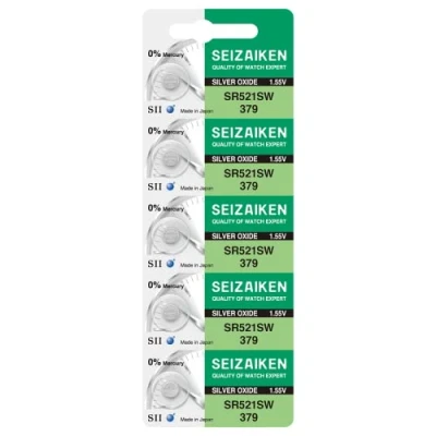 Abbildung von Seizaiken Seiko 379 SR521SW Uhrenbatterie, 1,55 V, 0 % Hg, Silberoxid, 5 Batterien, hergestellt in Japan