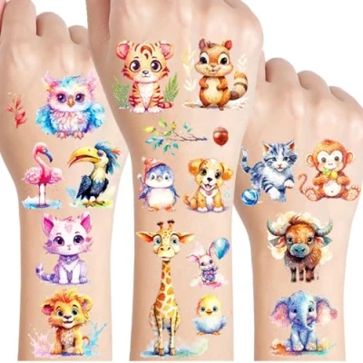 Abbildung von Tiere Glitzer Tattoo Set Kinder, 12 Blätter Temporäre Tattoos für Geschenke Junge Mädchen, Geburtstag Party Geschenk Kleine, Hautfreundliche