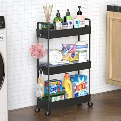 Abbildung von SOLEJAZZ Rollwagen, Küchenwagen mit 3 Ebenen, schmale Rollwagen Nischenregal auf Rollen für Küche, Bad, Waschküche, Schlafzimmer, Plätze, Kunststoff,mit Griffen, 13 x 40 61 cm,Schwarz