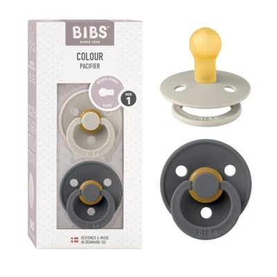 Abbildung von BIBS Colour Schnuller 2er Pack, BPA frei, Kirschform Nippel. Naturkautschuk/Latex, Hergestellt in Dänemark. Größe 1 0+ Monate 2 Sand/Iron