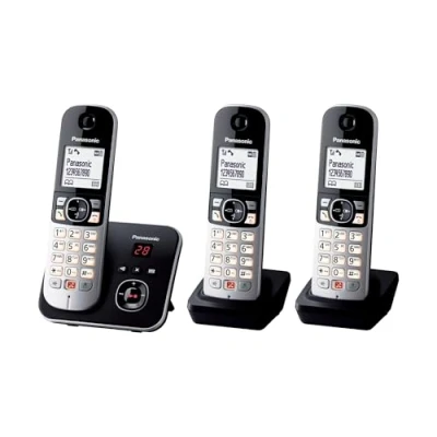 Abbildung von Panasonic KX TG6863GB Schnurlostelefon mit 3 Mobilteilen und Anrufbeantworter (Bis zu 1.000 Rufnummern sperren, übersichtliche Schriftgröße, lauter Hörer, Voll Duplex Freisprechen) schwarz silber