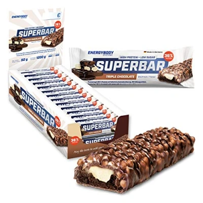Abbildung von Energybody Superbar Proteinriegel Triple Chocolate 24x 50g / High Protein Riegel 36% Eiweiß 2g Zucker/Eiweißriegel zuckerarm für Low Carb Ernährung/Protein Bars