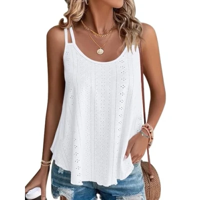 Abbildung von WNEEDU Damen Tank Tops Sommer Spaghetti Cami Oberteile Ärmellose Rundhalsausschnitt Blusen Top Shirts Weiß M