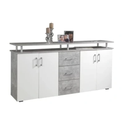 Abbildung von Avanti Trendstore Lift Kommode aus Holzdekor, mit 4 Türen und 3 Schubkästen. In 2 verfügbar. Maße BHT 180x90x40 cm (Grau Beton/weiß)