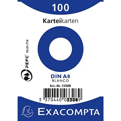 Abbildung von Exacompta 3308B Karteikarten (48 Packungen mit 100, 250g, in Folie eingeschweißt, DIN A8, 5,2 x 7,4 cm, blanko, ideal für die Schule) 48er Pack weiß