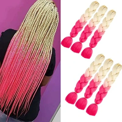 Abbildung von Kanekalon Kunsthaar 6 Stücke Jumbo Braids Extensions Ombre Blonde Pink zum Einflechten 24 Zoll Box Zöpfe Crochet Hair (blond bis pink)