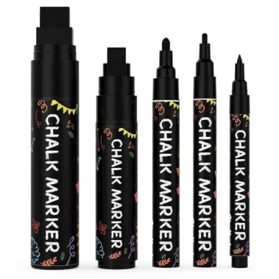 Abbildung von Chalkola Kreidestifte Schwarz 5 Kreide Markers Multipack 1mm, 3mm, 6mm, 10mm, 15mm Spitze. für Fenster, Tafel, Glas und mehr. Ideal Erwachsene, Künstler, Lehrer Kinder.