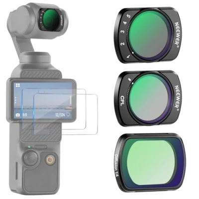 Abbildung von NEEWER Magnetischer ND2 32, 1/4 Black Diffusion CPL Filter Set, Kompatibel mit DJI Osmo Pocket 3, 3er Pack Action Kamera Zubehör 2 gehärteten Glasschutzfolien, Mehrfach Beschichtet/Optisch HD Glas