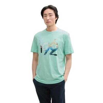 Abbildung von TOM TAILOR Herren 1037735 T Shirt aus Baumwolle mit Logo Print, 37105 Bright Mint Green, XS