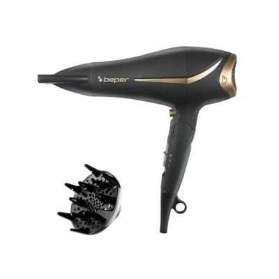 Abbildung von BEPER 40.404 Haartrockner, klappbarer und rutschfester Griff, 2 Temperaturen, Kalttaste, Farbe Schwarz/Gold, Leistung 2200 W