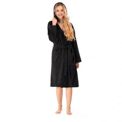 Abbildung von Bademantel Damen 100% Baumwolle (350g/m²) OEKO TEX® Zertifiziert Morgenmantel mit Kapuze, 2 Taschen, Gürtel Schwarz XS