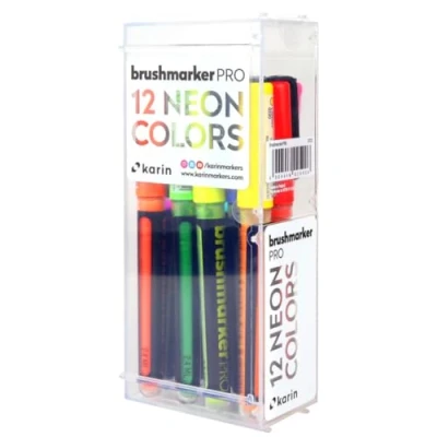Abbildung von KARIN Neon Colors 12 Brushmarker PRO mit Farben in transparentem Körper und Free Ink System, 2, 4 ml Flüssiger Farbe. Kein Filzstiftmarker