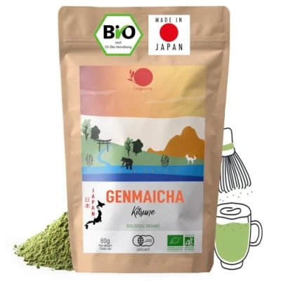 Abbildung von ORIGEENS Japanischer Bio Genmaicha Pulver Grüntee für Matcha Latte 80g Beutel