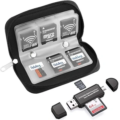 Abbildung von Speicherkarten Schutzbox mit 22 Steckplätzen, SD Kartenleser, OTG Leser für SDXC, SDHC, SD, TF Karte, RS MMC, Micro SDHC Karte und UHS I Karten