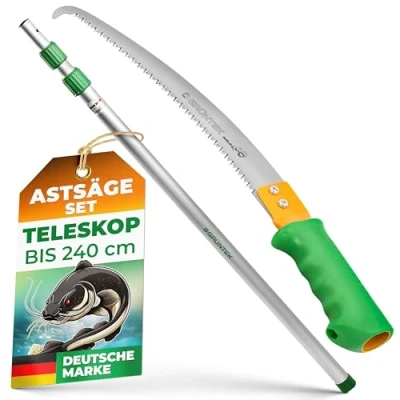 Abbildung von GRÜNTEK Gartensäge Teleskop Astsäge Set WELS, Handsäge 50 cm und Teleskopstange bis 240cm (passt zu Raupenschere Schwan Artikel Nr. S07BH05YP2), mit 3D Zahnung, Sägeblatt Länge 350 mm, manueller Hochentaster
