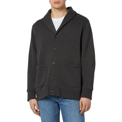 Abbildung von Amazon Essentials Herren Strickjacke aus Fleece mit Langen Ärmeln und Schalkragen, Dunkelgrau Meliert, S