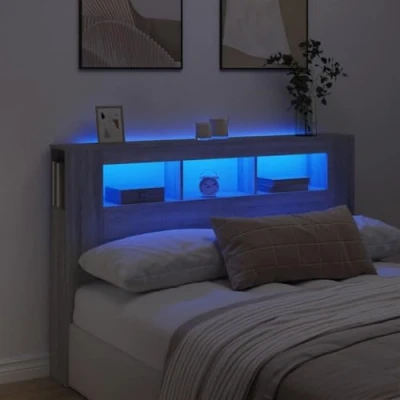 Abbildung von vidaXL LED Kopfteil, Bettkopfteil mit Leuchten, Betthaupt Ablagen, Bettzubehör Schlafzimmer, Grau Sonoma 160x18,5x103,5cm Holzwerkstoff