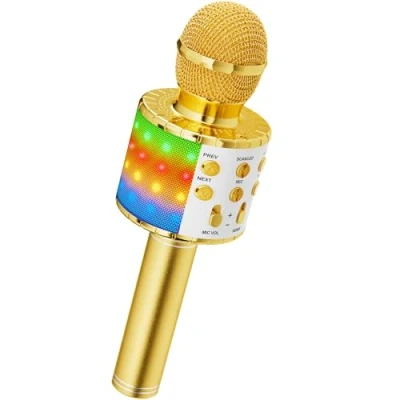 Abbildung von Magic Sing LED Karaoke Mikrofon Kinder, Drahtloses Bluetooth Spielzeug ab 3 12 Jahre Geschenk Mädchen KTV Lautsprecher mit Stimmenverzerrer, Heim Maschine für Android, iOS, PC(Gold)