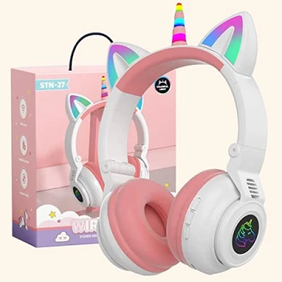 Abbildung von OHAANYY Kabellose Kopfhörer für Kinder,kopfhörer Bluetooth Einhorn faltbar,Mädchen mit Kabel und Mikrofon Kinder LED licht Stereo Handy/Tablet/PC (White)