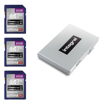 Abbildung von Integral SD Karte 32GB mit 6 Slot Kartenhalter Metall 4K Ultra HD Video Premium High Speed 90MB/s Lesen und 30MB/s Schreiben SDHC V30 UHS I U3 Class 10 Speicherkarte 3 Pack