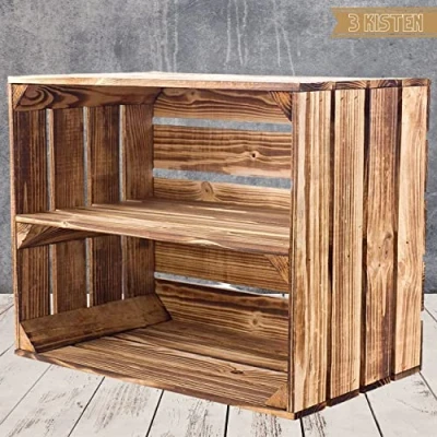 Abbildung von Truhenking 3er Set geflammte Kiste für Schuhregal und Bücherregal Obstkiste flambiert mit Mittelbrett längs Holzkiste aus dem Alten Land massiv stabil Kistenregal Obstkistenregal 50x40x30cm