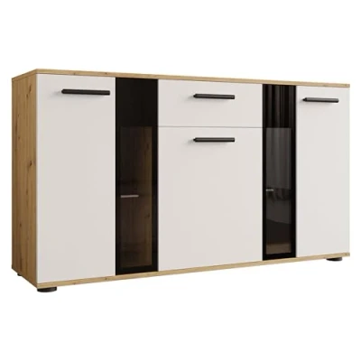 Abbildung von Mirjan24 Kommode Salsa Anrichte Highboard Sideboard Schrank Naturtöne Mehrzweckschrank Wohnzimmerschrank, (ohne Beleuchtung, Eiche Artisan/Weiß)