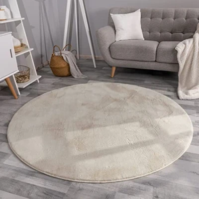 Abbildung von TT Home Wohnzimmer Teppich Hochflor Langflor Kunstfell Weich Modern Unifarben Flauschig, Farbe: Creme, Größe:120 cm Rund