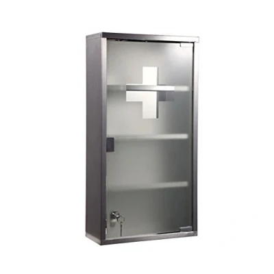 Abbildung von HS Lighting Medizinschrank Arzneischrank Edelstahl Erste Hilfe Schrank abschließbare Meidikamentenschrank Hausapotheke Tip on Glastür mit Schloss 60ⅹ30ⅹ12cm (4 Fächer Silber)