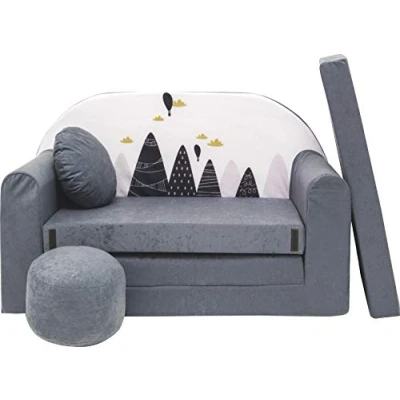 Abbildung von Pro Cosmo Kindersofa Bettfunktion 3in1 Sofa + Gratis Polsterhocker und Kissen Kindermöbel Set AX2