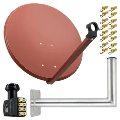 Abbildung von Premium X Satelliten Komplettanlage 80cm Satellitenantenne Rot Satellitenschüssel SAT Octo LNB 16x F Stecker Wandhalter 45cm